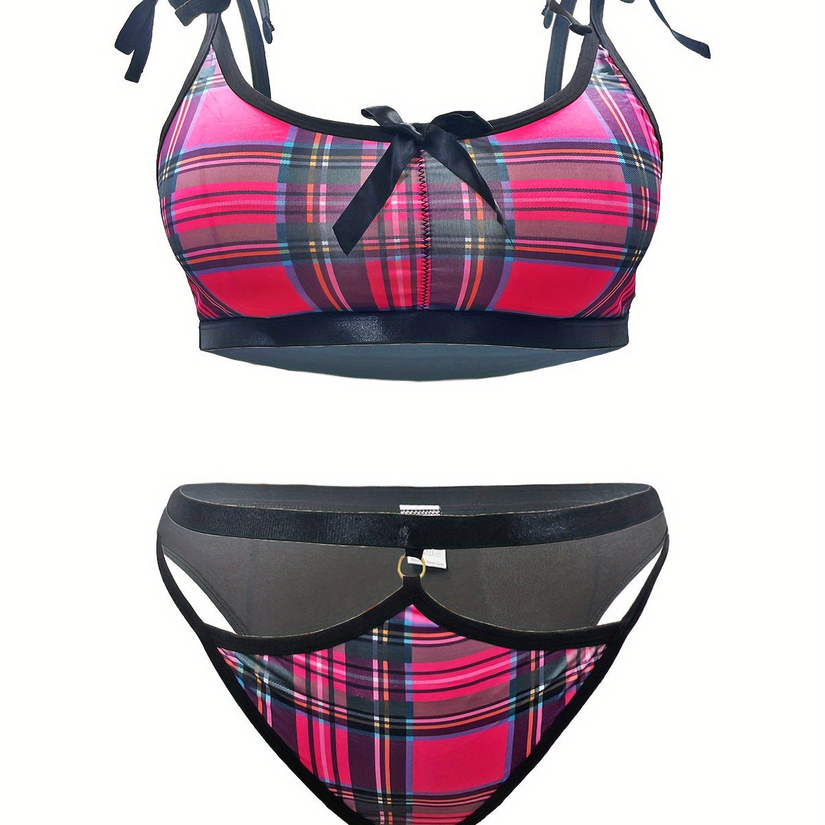  Sexy Lingerie Set Plaid Print Bow Tie Bra & Panty Preppy 2 Piece
