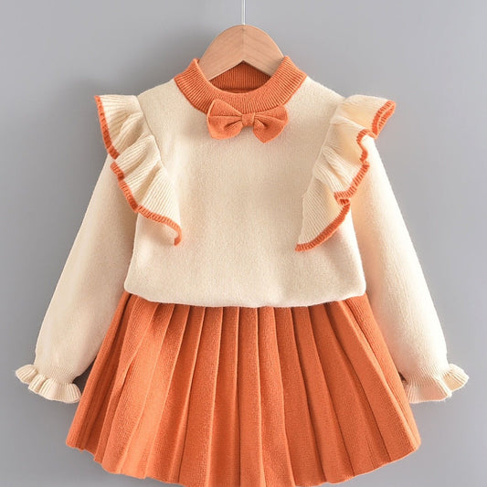 Girl's Ruffle Sweater & Pleated Skirt Set Bow Decor Casual Outfits