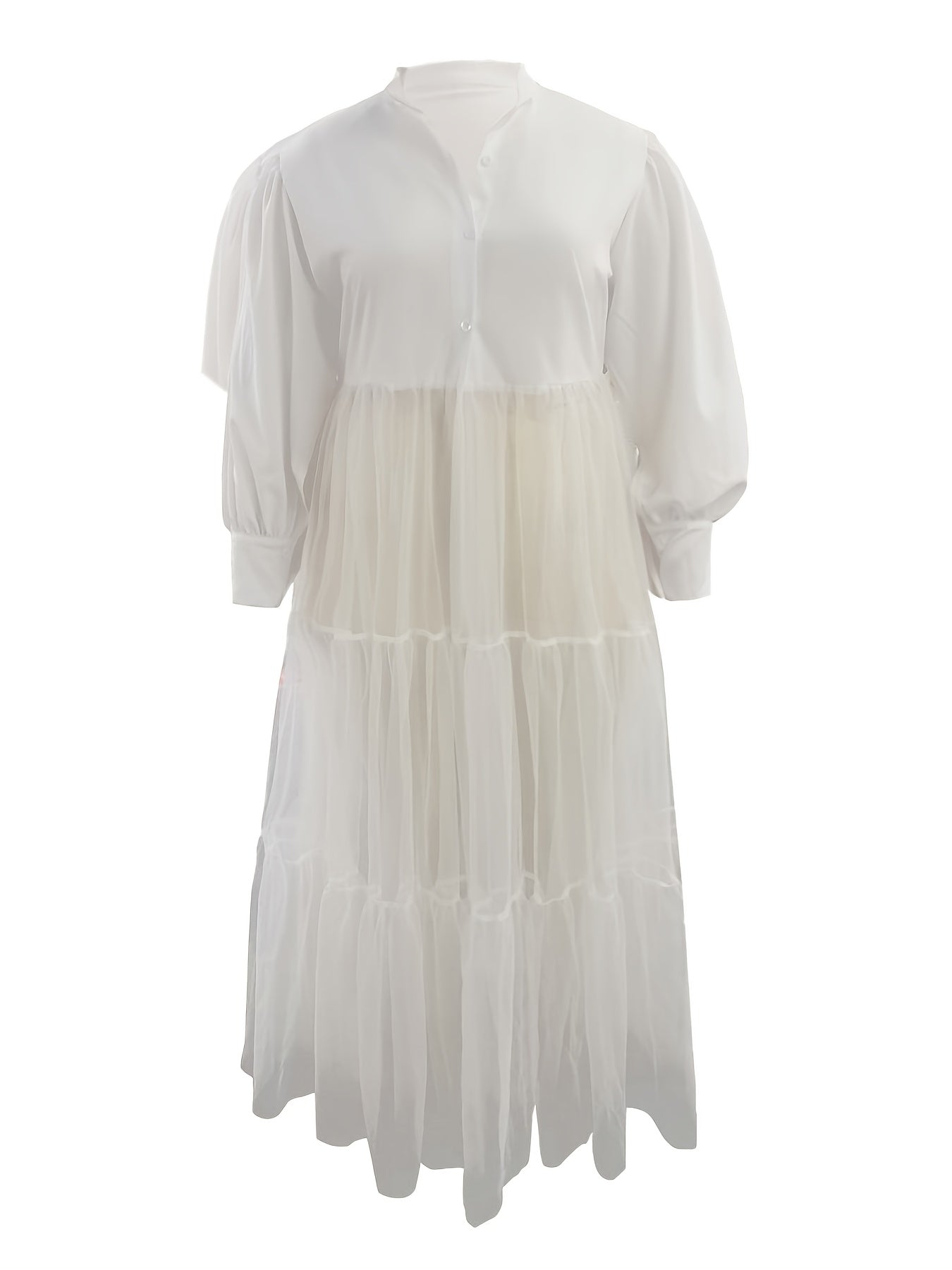  Solid Mesh Button Up Lantern Sleeve Smock Dress