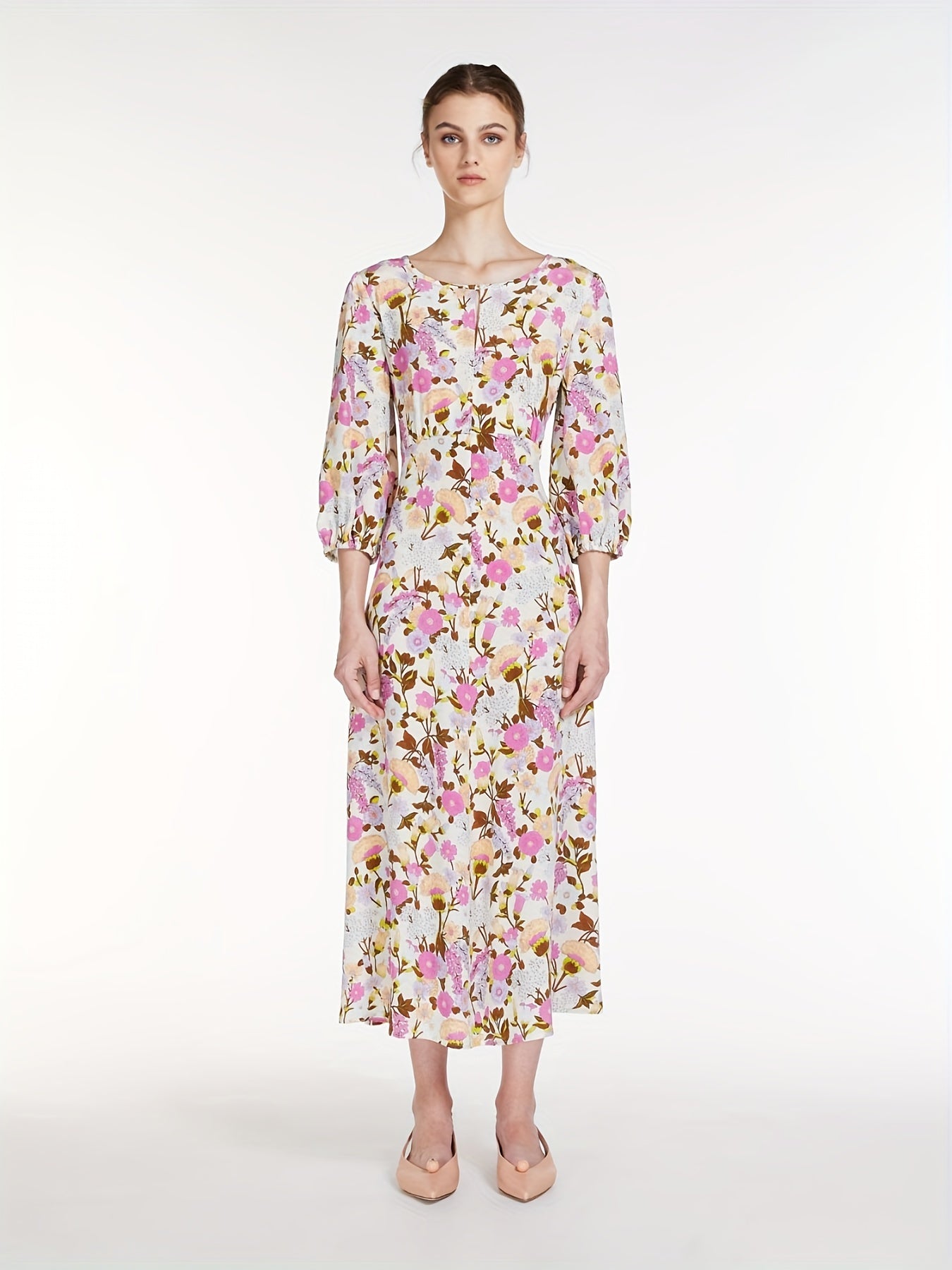 Floral Print Lantern Sleeve Maxi Dress