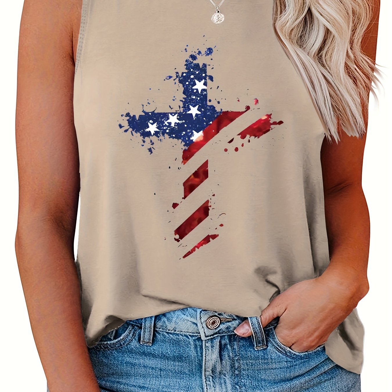  Casual Tank Top Women's Plus Flag Pattern Cross Print Tank Top