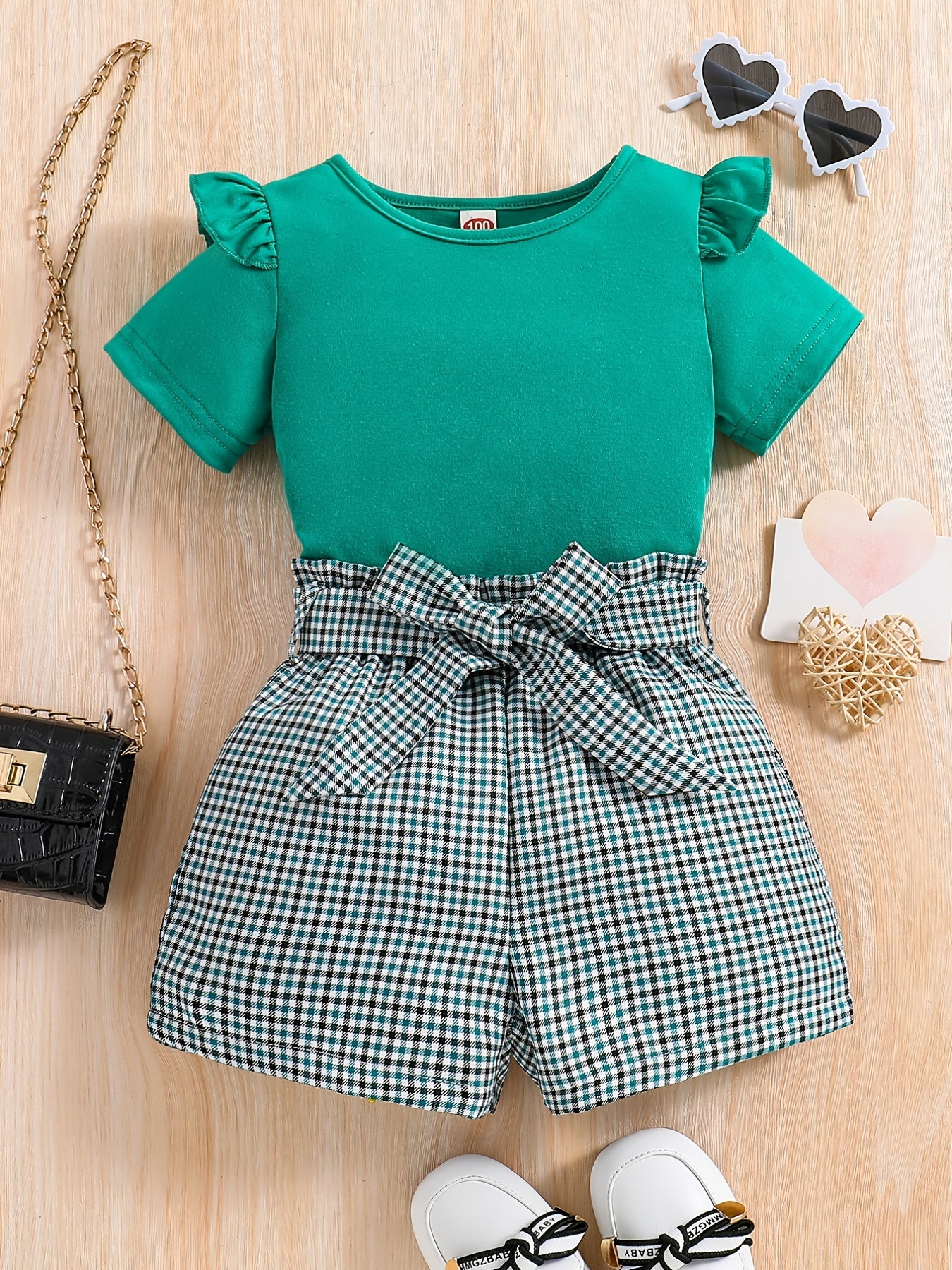 Girls Ruffled Short Sleeve Tee & Plaid Shorts Set with Belt