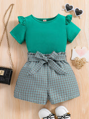 Girls Ruffled Short Sleeve Tee & Plaid Shorts Set with Belt