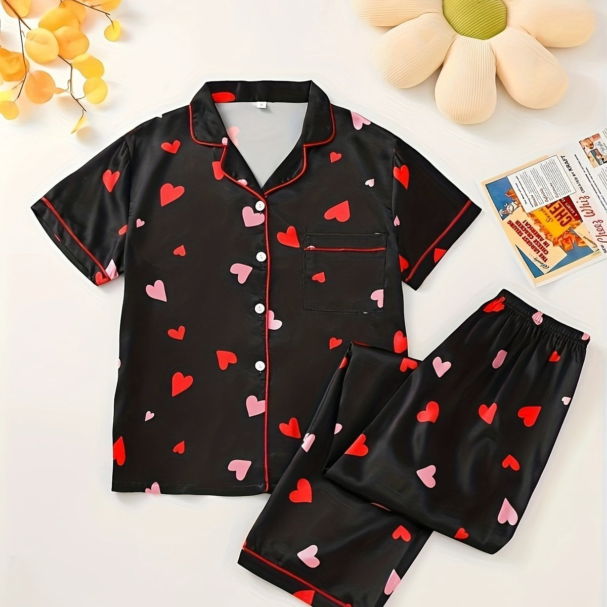 Heart Print Lounge Set Short Sleeve Top & Pants Women's Loungewear