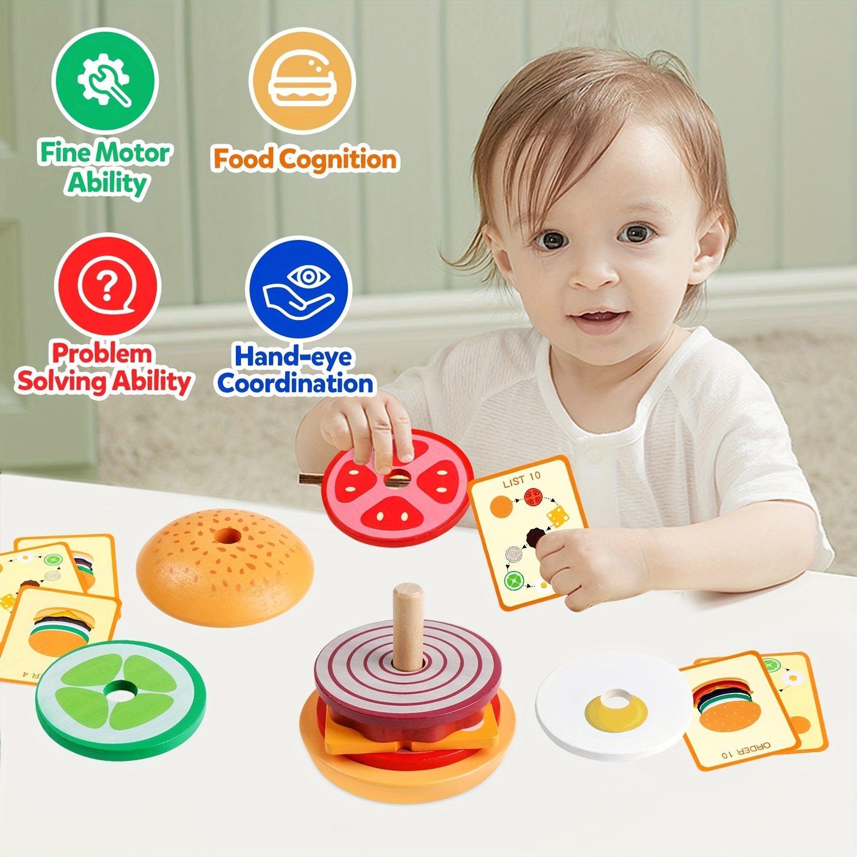 Montessori Wooden Burger Sorting Stacking Toy for 3-Year-Olds