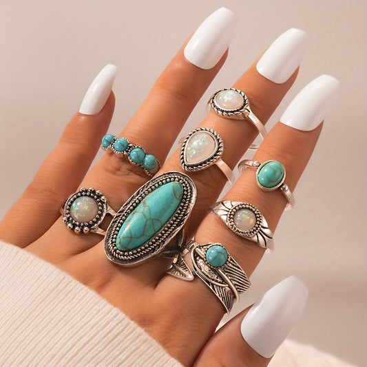 Vintage Turquoise Feather Ring Set 8pcs