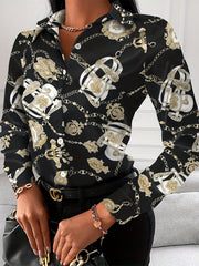  Women's Floral Print Polo Neck Blouse