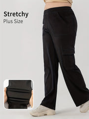 Solid High Stretch Wide Leg Cargo Jeans with Pockets
