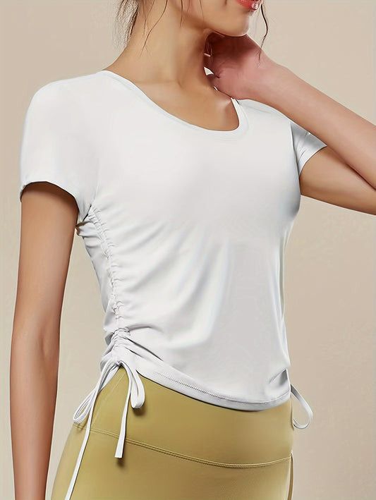 Women Short Sleeve Workout Tops Drawstring Ruched Side Yoga Athletic