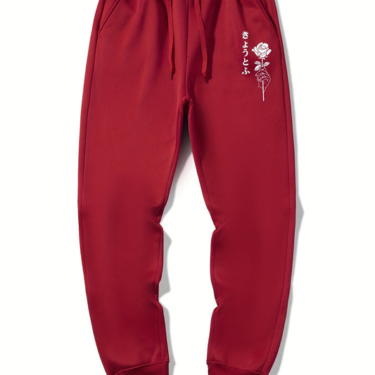Rose & Kanji Print Men's Sweatpants with Pockets