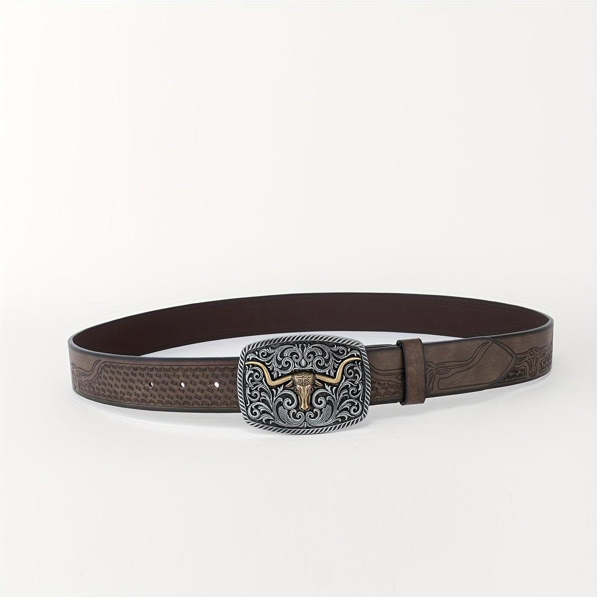 Cattle Head Floral Embossed Buckle Casual Western PU Leather Belt