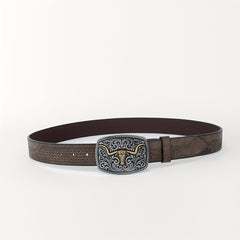 Cattle Head Floral Embossed Buckle Casual Western PU Leather Belt