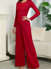 Lounge Solid 2pc Set Slim Long Sleeve T shirt & Wide Leg Pants
