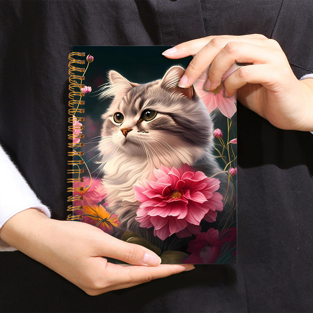 Charming Cat & Pink Flowers Notebook - 50 Pages