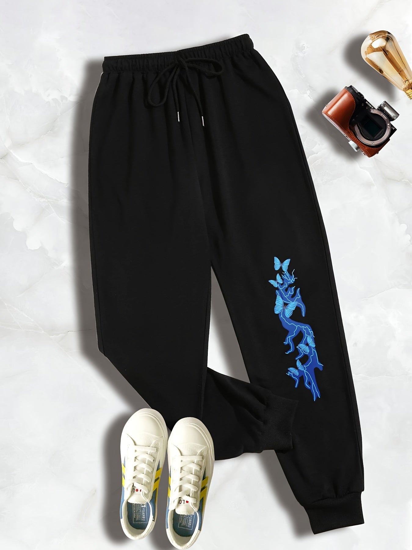  Butterfly & Lightning Print Drawstring Sweatpants