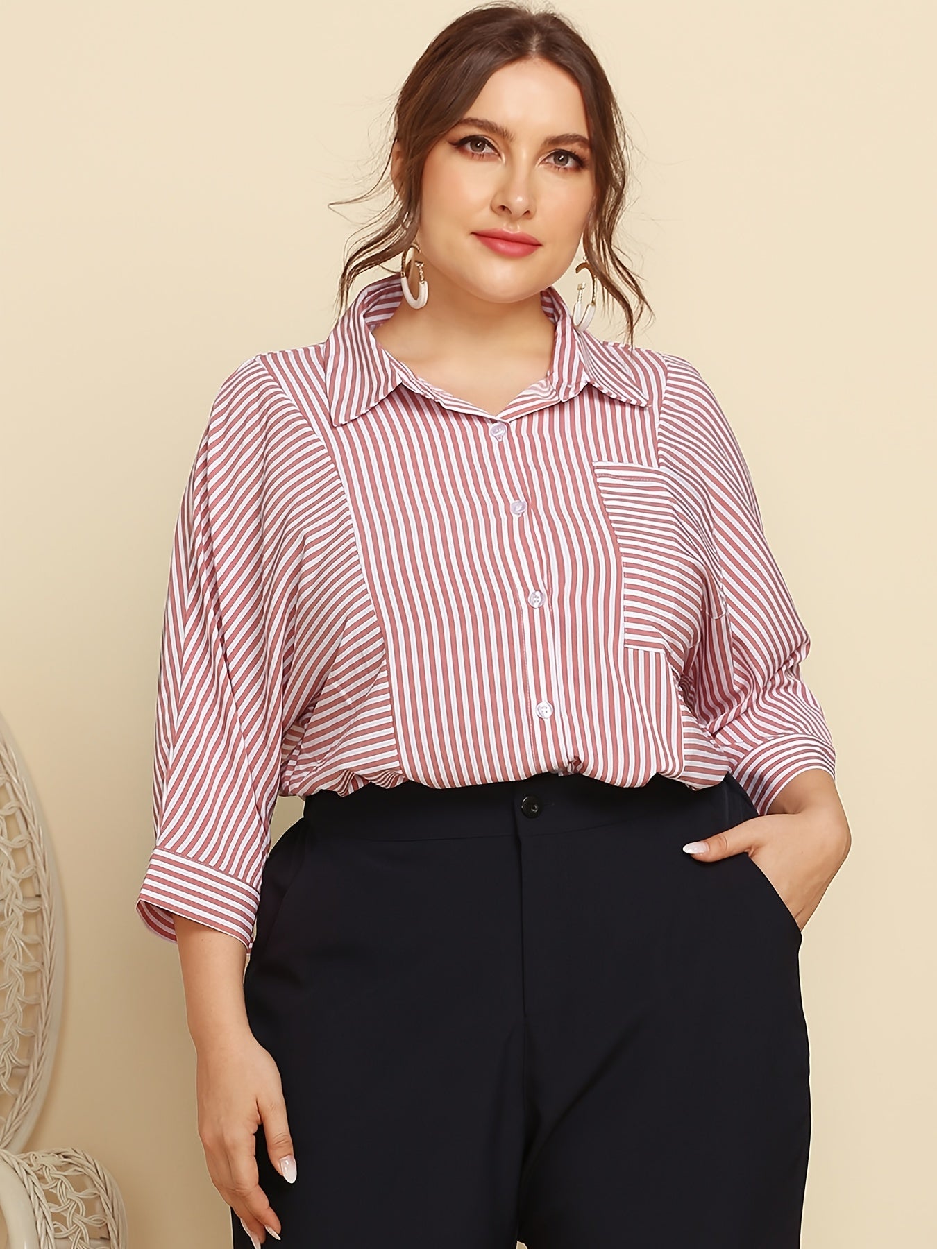  Striped Print Long Sleeve Shirt Women's Plus Button Front