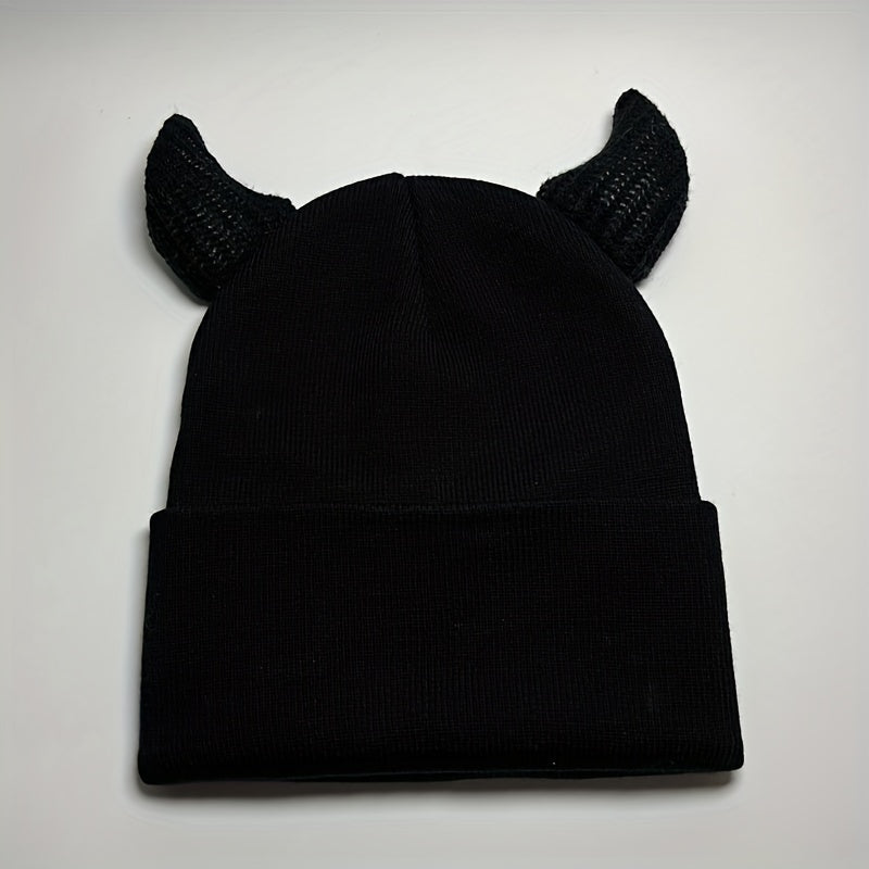 Y2K Solid Knitted Hat Halloween Hat Cow Horn Knitted Hat Unisex