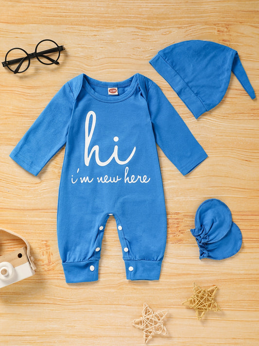 Newborn Infant Letter Romper Set Long Sleeve Jumpsuit & Hat & Gloves