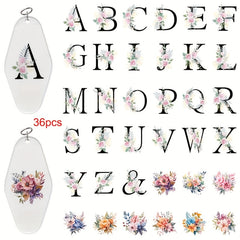 36pcs Floral Alphabet UV DTF Keychain Stickers - Waterproof Self Adhesive