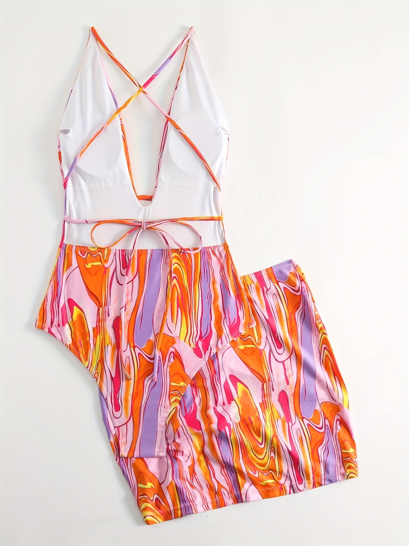 Criss Cross Strap Backless Swimsuit Set With Cover Up Skirt