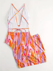 Criss Cross Strap Backless Swimsuit Set With Cover Up Skirt