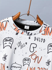 Letter And Cat Boys Full Print Sweatshirt Crew Neck Tops