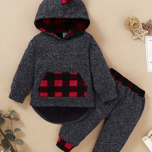 Toddler Boy's Plaid Hoodie & Sweatpants Set for Spring Fall