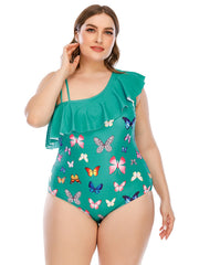 Cartoon Print Ruffle Trim Swimwear One Piece