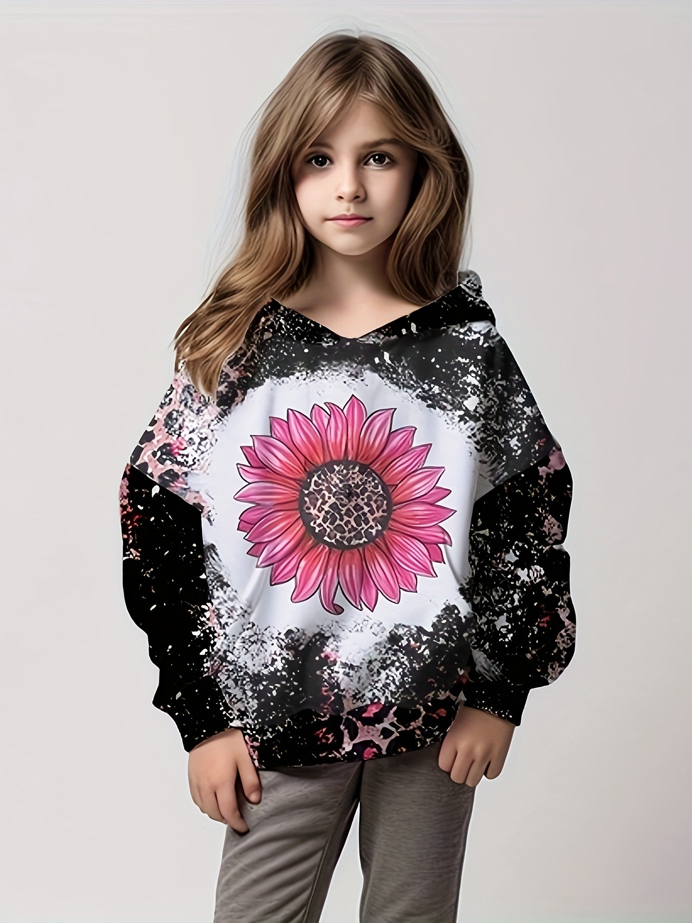 3D Sunflower Graphic Leopard Print Hoodies Girls Comfy Pullover Tops
