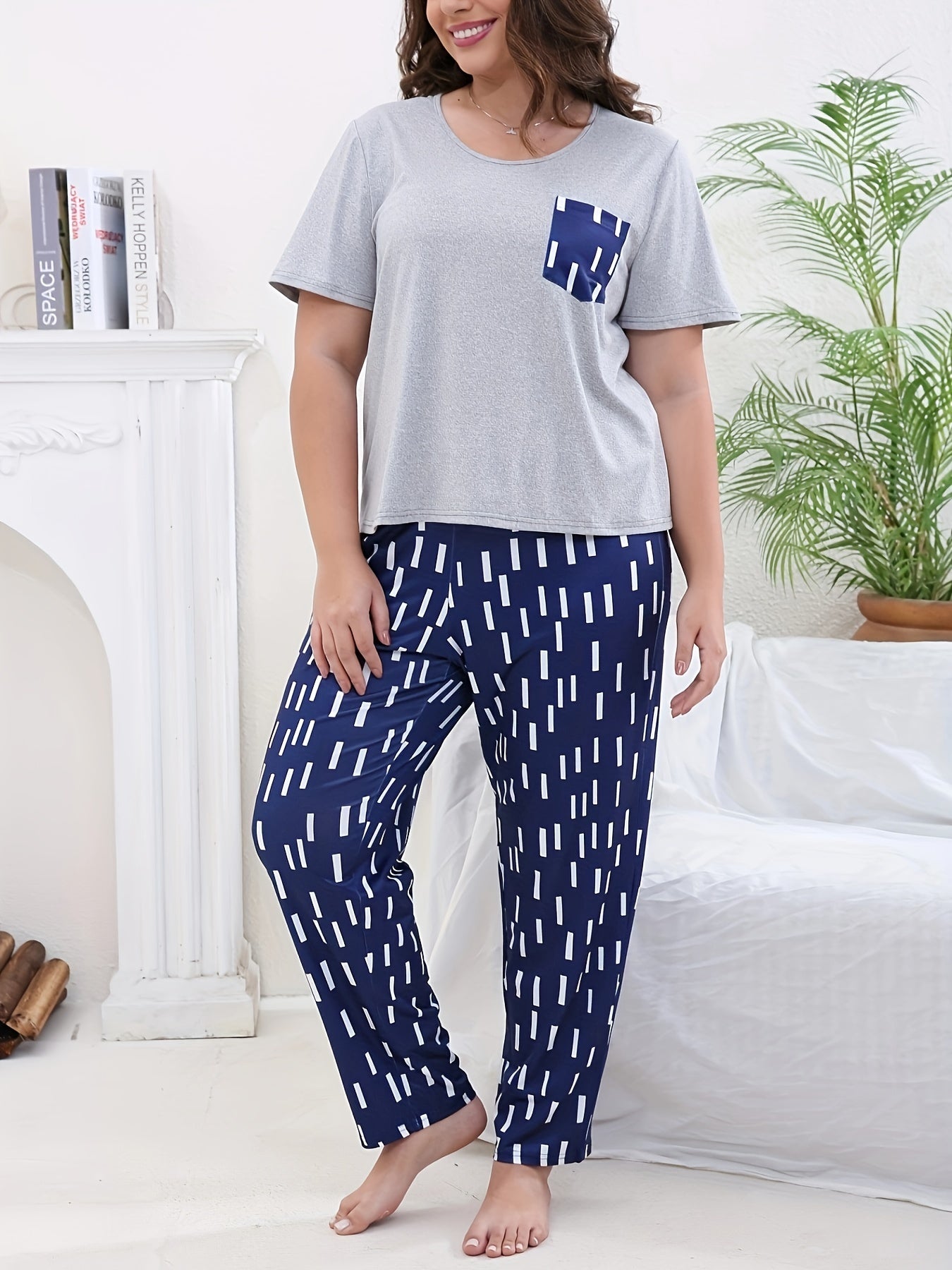  Casual Pajama Set Solid Short Sleeve Tee & Striped Pants