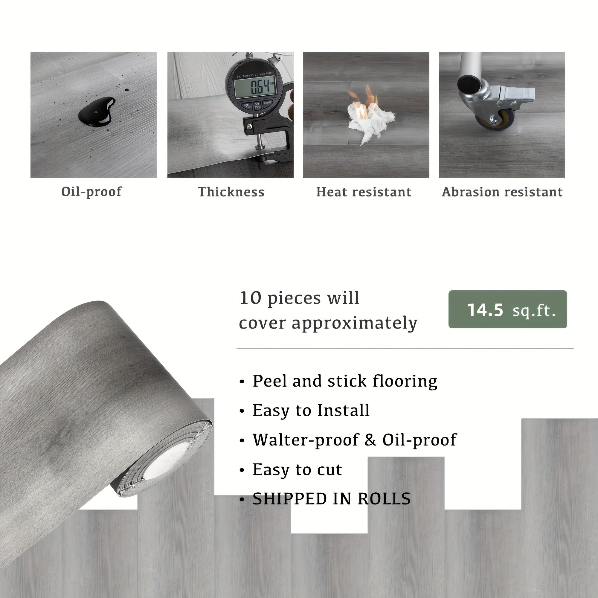 10pcs Grey Wood Peel and Stick Floor Tile, Waterproof, Easy to Install, 15x88