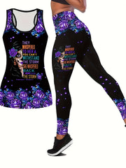 Women's Plus Floral Skull & Slogan Print Tank Top & Leggings Outfit Set