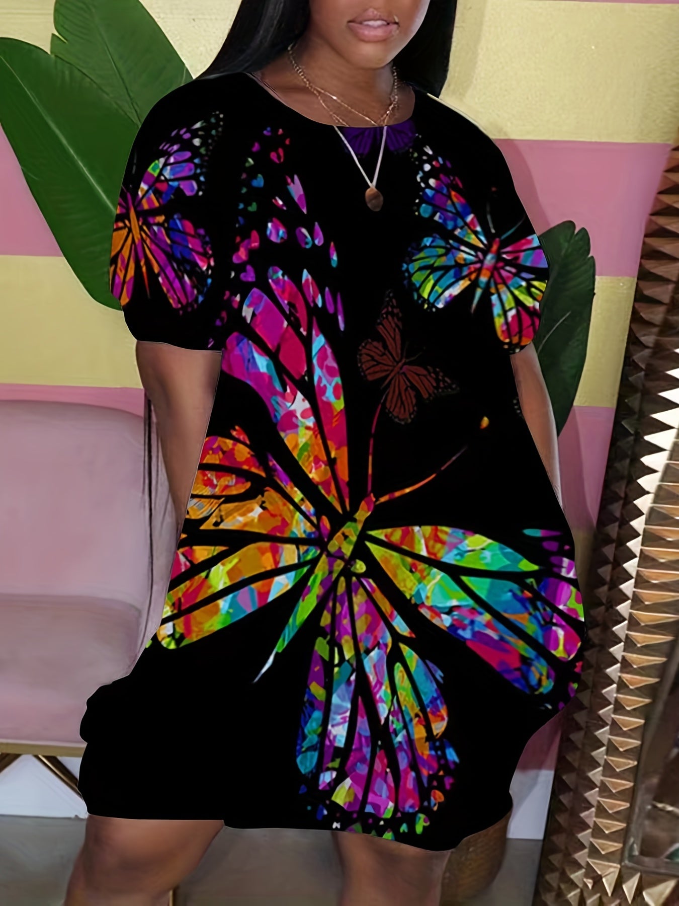  Butterfly Print Round Neck Dress