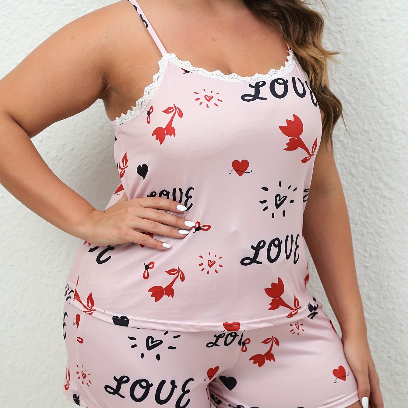  Flower & Letter Print Lace Cami Top & Shorts Pajama Set