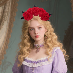 Victorian Rose & Feathered Headpiece Red Flower Soft Pastel
