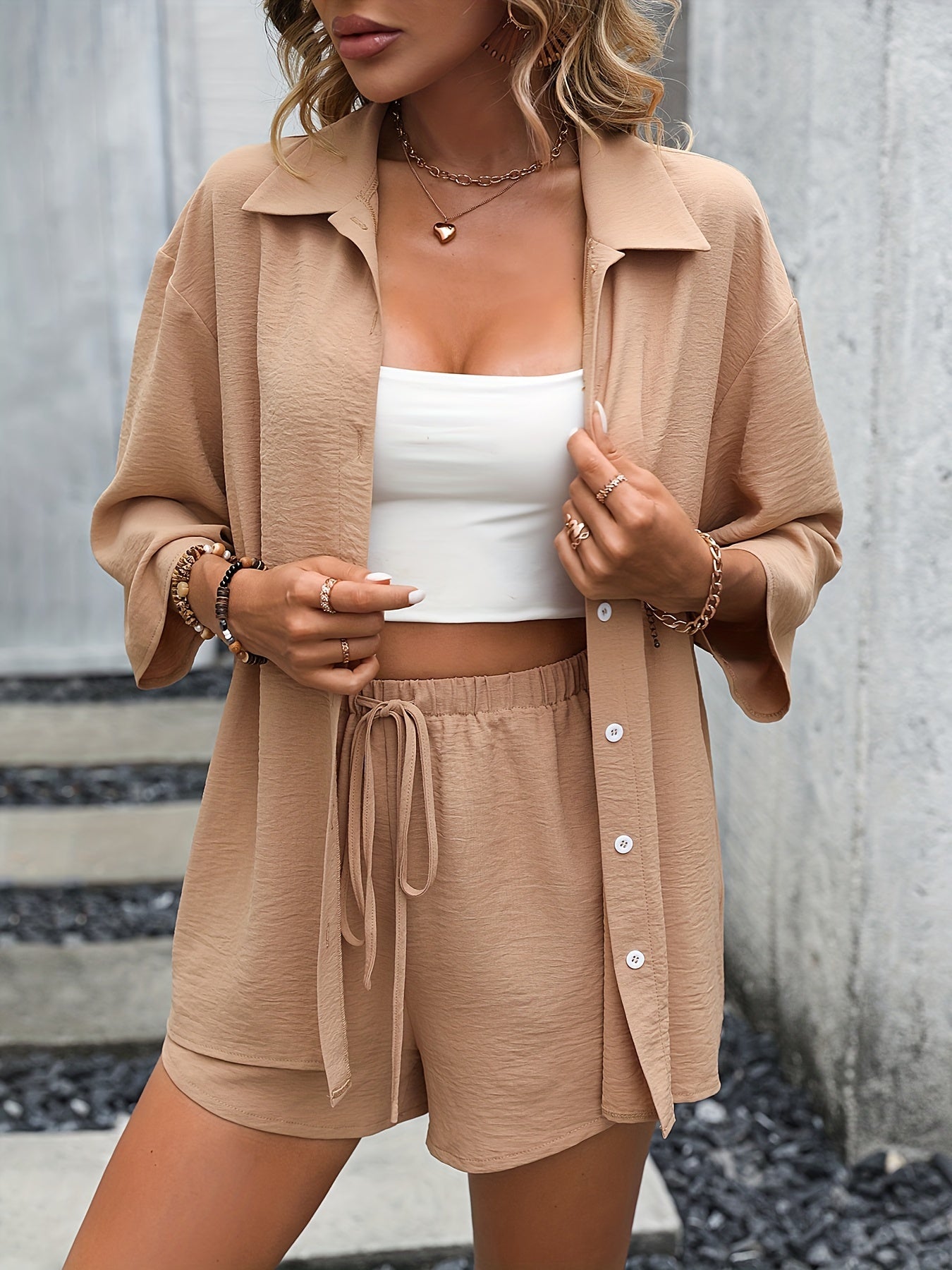 Casual Two piece Set Button Front Blouse & Drawstring Shorts