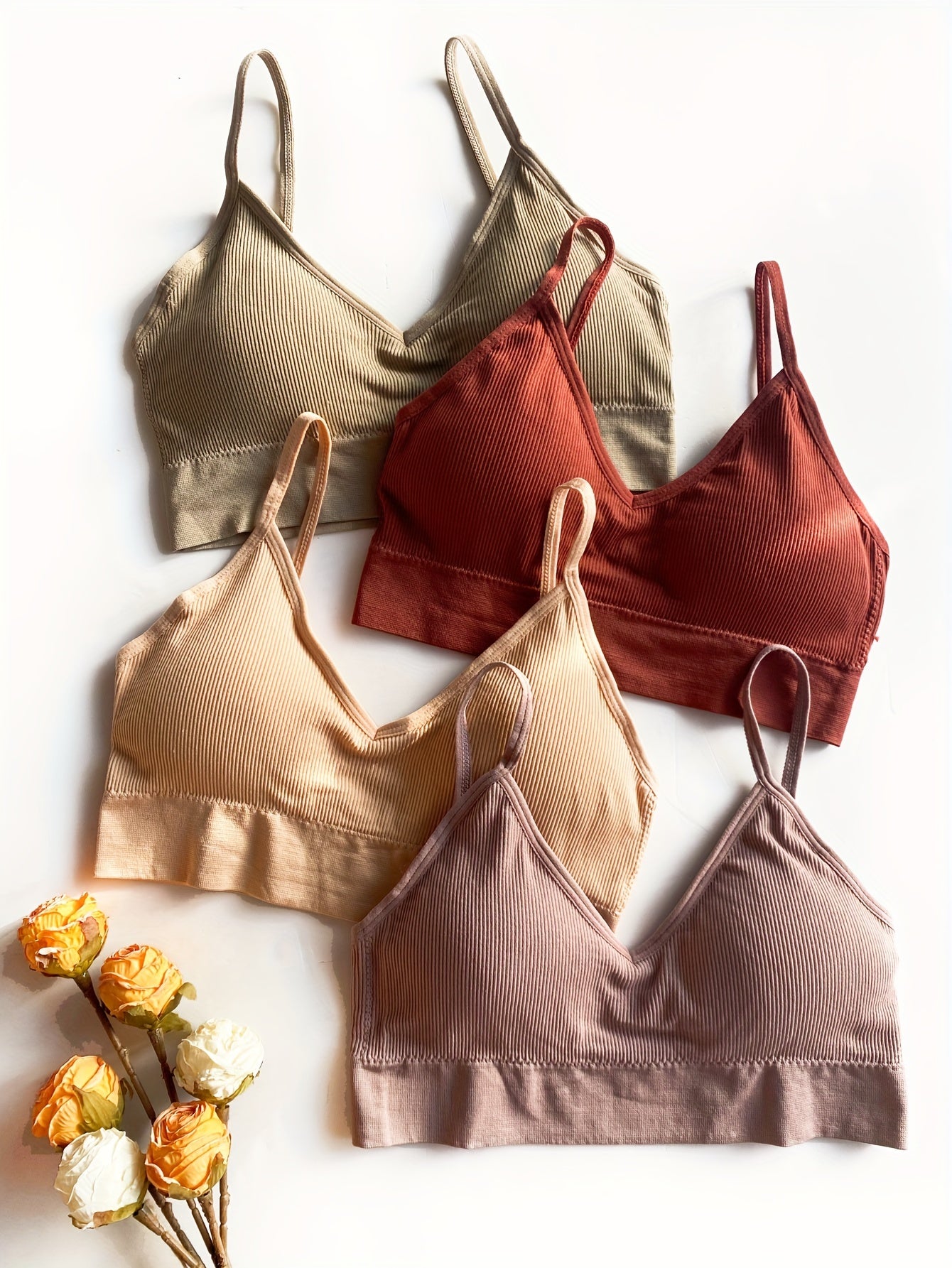 4pcs Solid Ribbed Wireless Bras Comfy & Breathable Sports Bra Women's