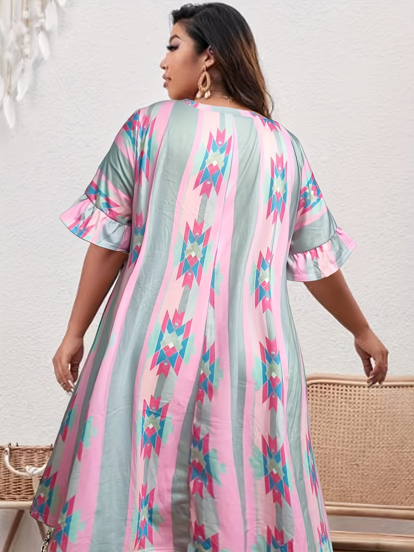 Women's Plus Geometric Print Ruffle Trim Short Sleeve Dress