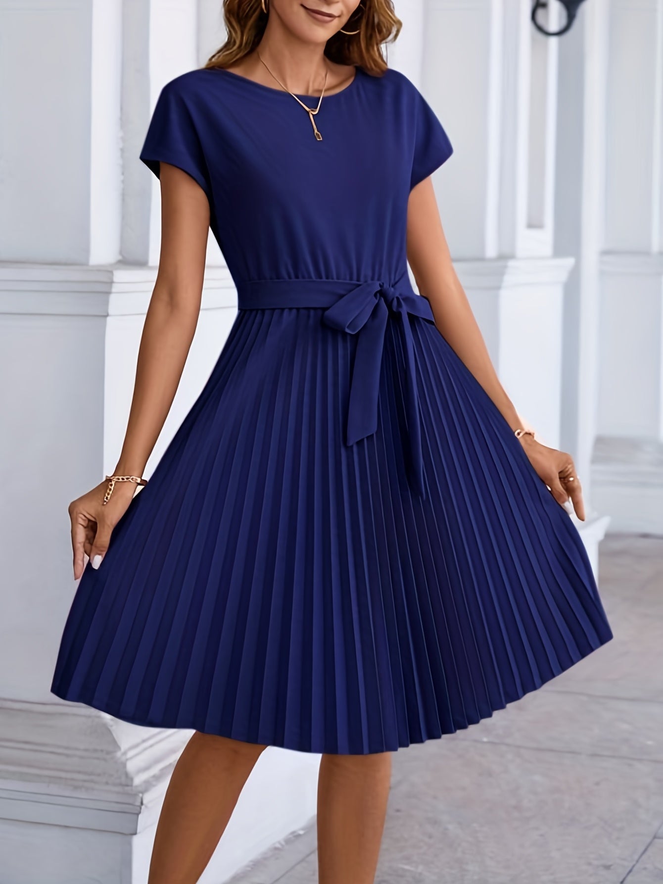 Pleated Tie Front Dress Short Sleeve Casual Solid Dress