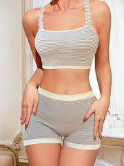 Grey Striped Matching Lingerie Set Soft Camisole Bra & Boyshort Panty