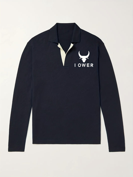 Bull Pattern Knit Polo Shirt Men's Casual Lapel Stretch V Neck Pullover Sweater