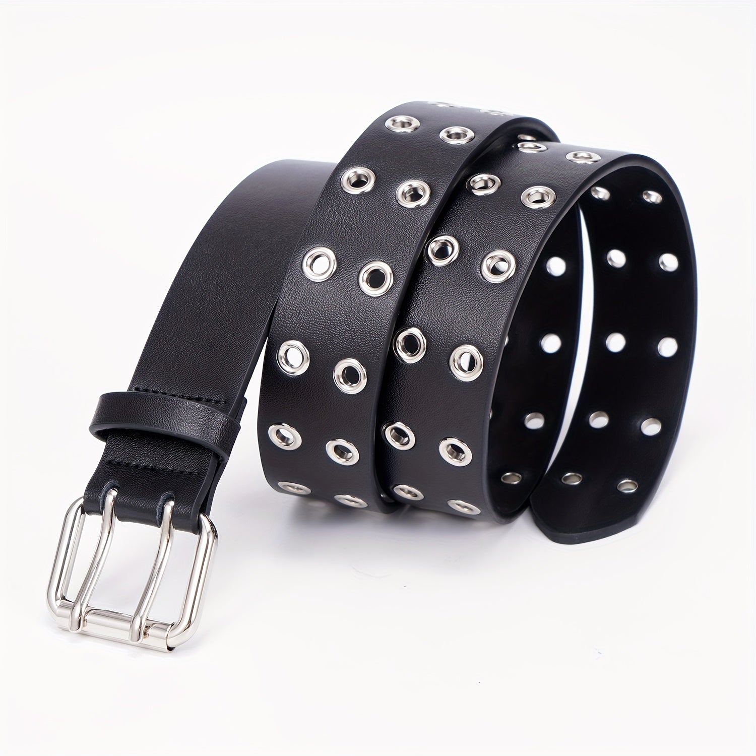 Leather Metal Eyelet Belt Double Pin Buckle Casual Punk Rock Belt