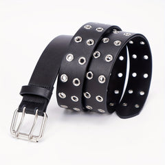 Leather Metal Eyelet Belt Double Pin Buckle Casual Punk Rock Belt