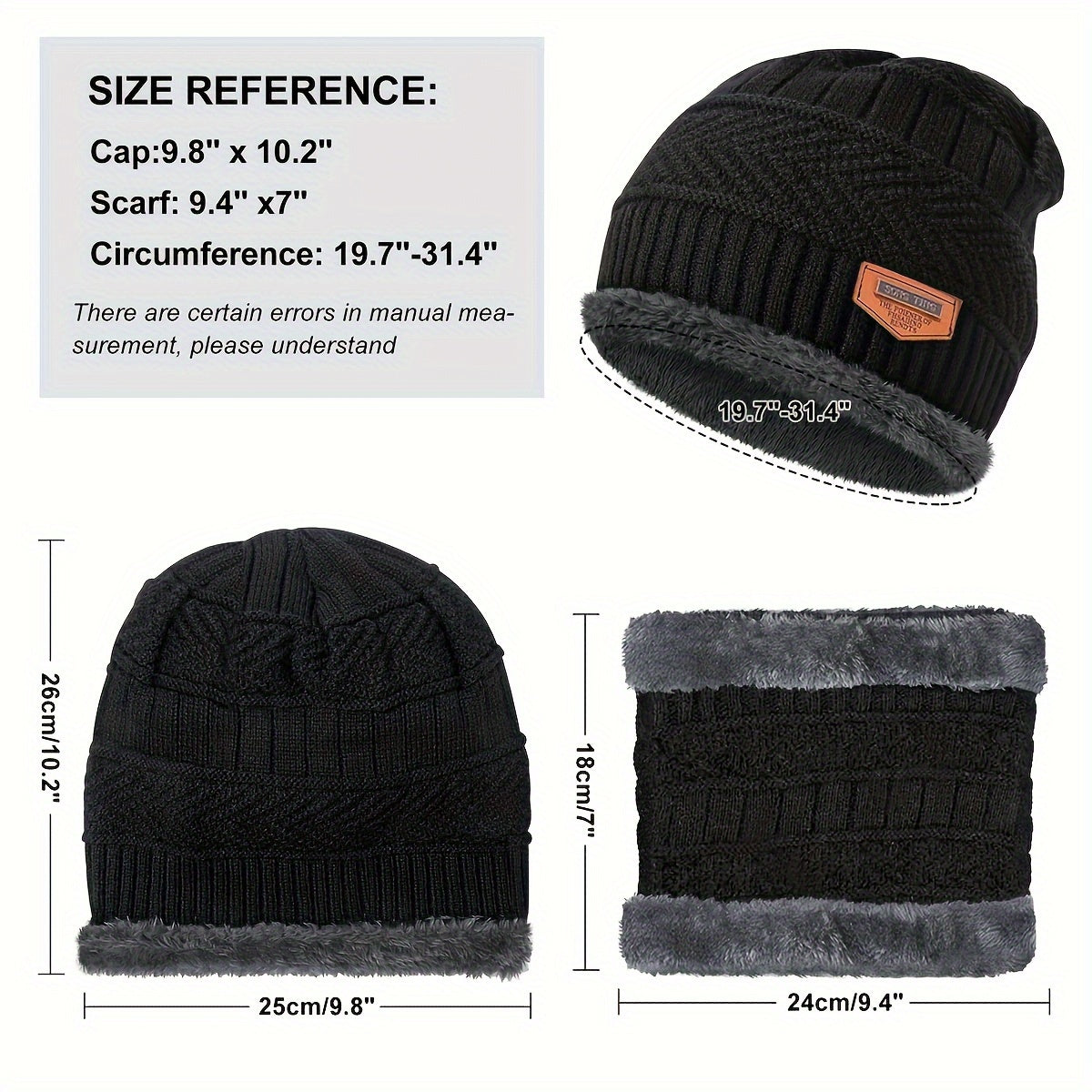 Winter Warm Beanie Hat Scarf Set Fleece Lined Cap Neck Cover