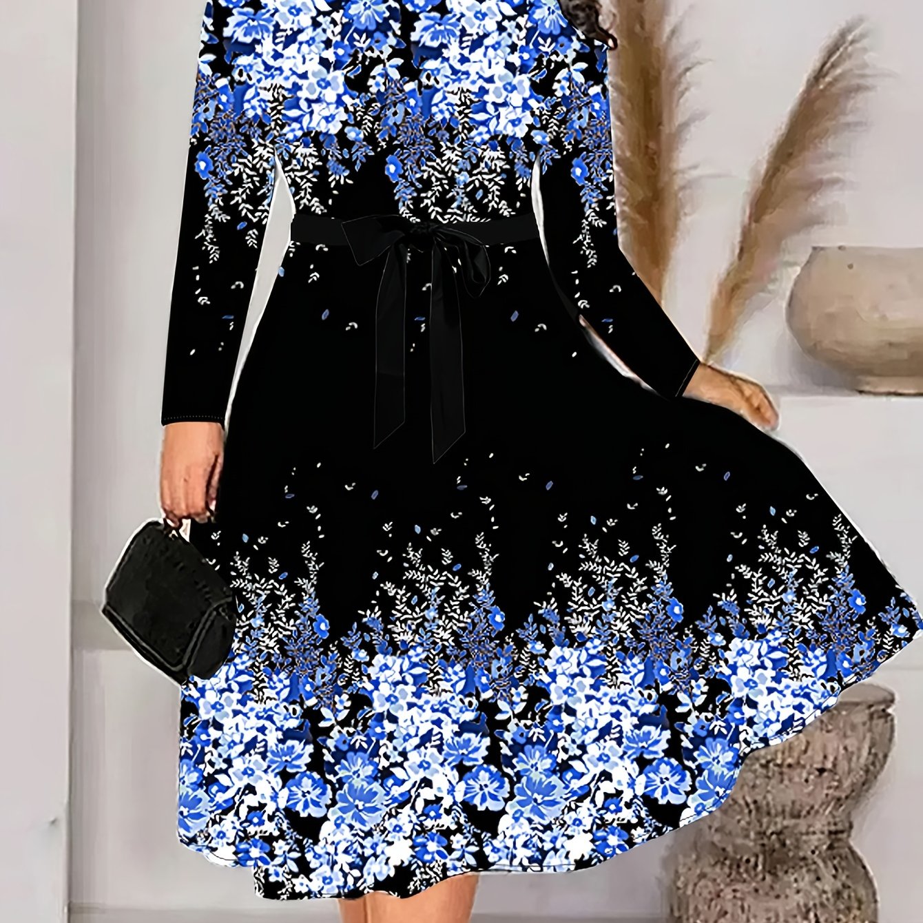  Colorblock Floral Print Round Neck Midi Dress