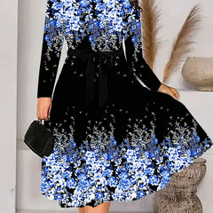  Colorblock Floral Print Round Neck Midi Dress