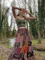 Hippie Patchwork Print Drawstring Skirt Boho Skirt Spring Summer Women's