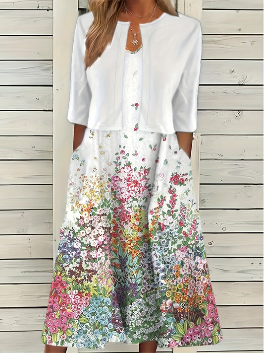 Two Piece Set Cropped Cardigan & Floral Print Dress