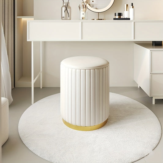 Nordic Style Leather Round Ottoman Footrest Stool with Golden Plated Base