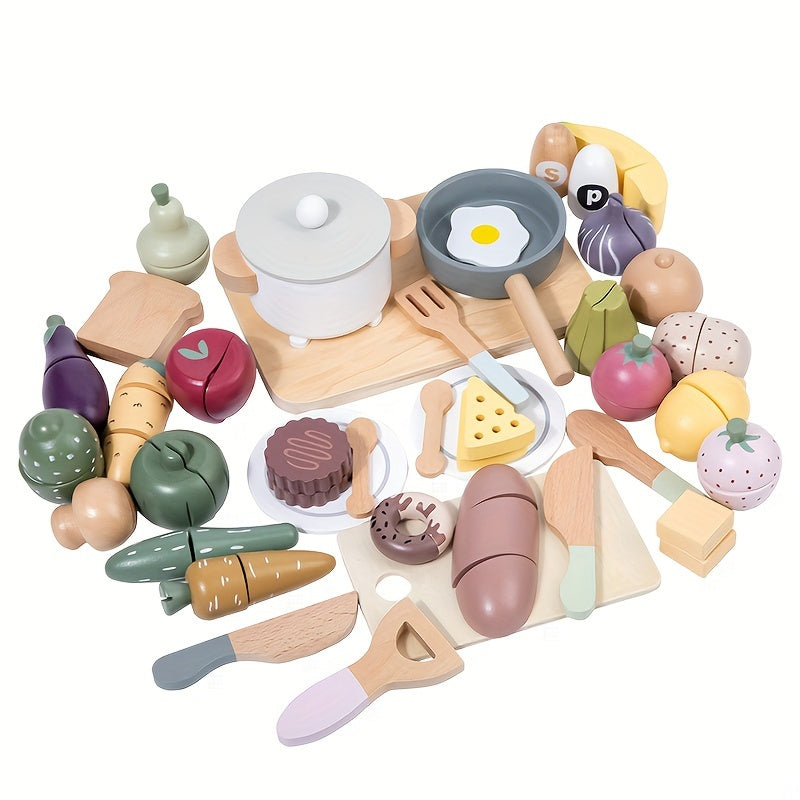 Wooden Play Food Set 42pcs Kitchen Toys Storage Basket Pretend Food Accessories